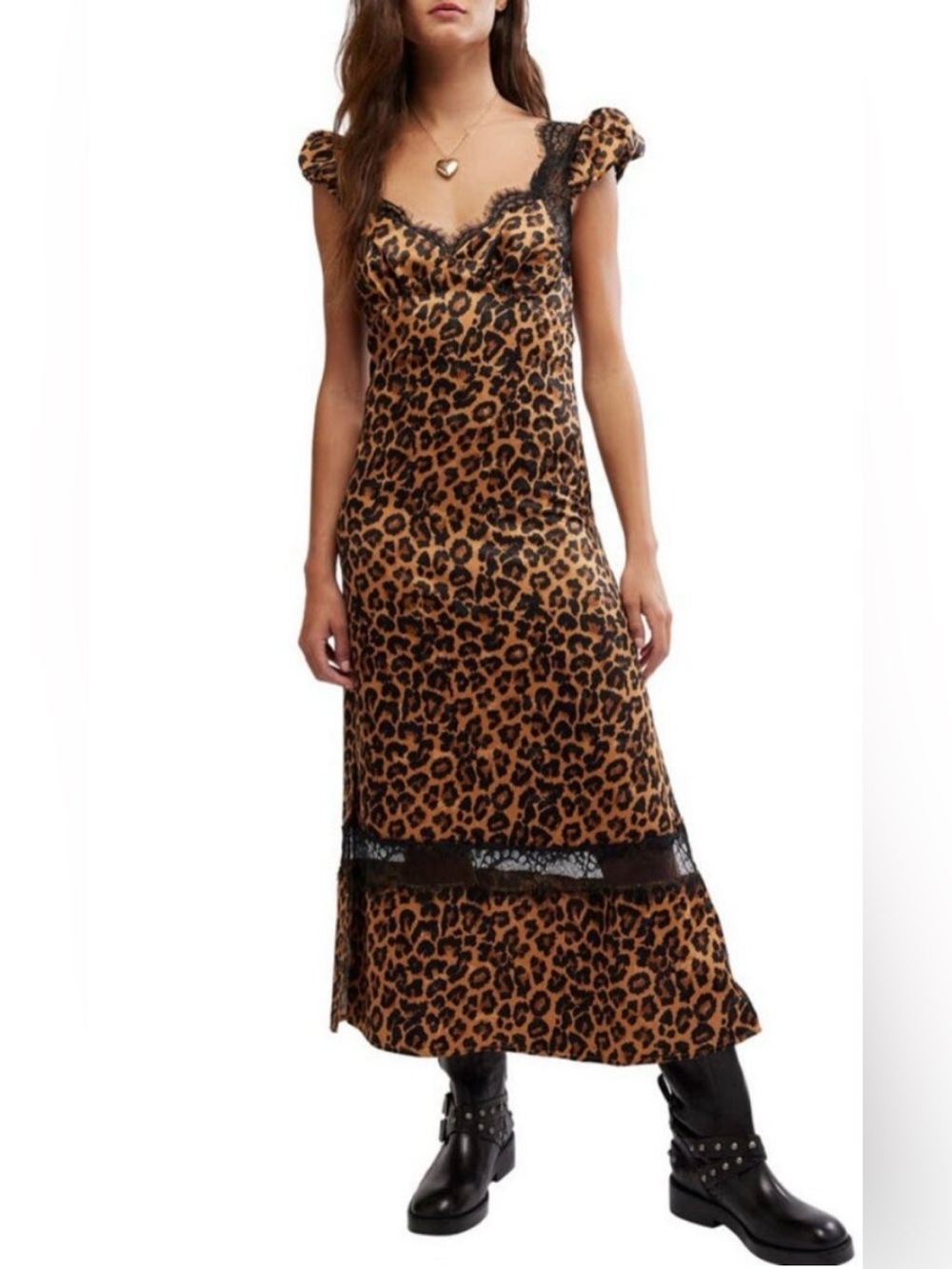 Free People Leopard Print Lace-Trim Slip Dress - Brown Black